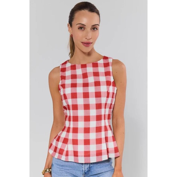 Avara Tops - Avara Eleanor Top Red White Gingham Peplum Blouse Sleeveless NWT Medium